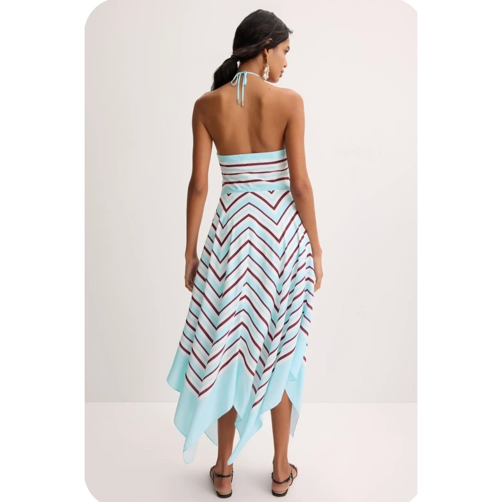 SIMKHAI Hera Halter Midi Dress Blue Chevron Striped Silk Blend Handkerchief Sz M - Picture 2 of 16